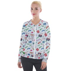 Illustration Christmas Pattern Velvet Zip Up Jacket by Pakjumat