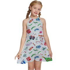 Illustration Christmas Pattern Kids  Halter Collar Waist Tie Chiffon Dress by Pakjumat