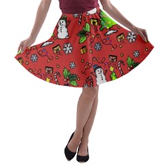 Santa Snowman Gift Holiday A-line Skater Skirt by Pakjumat