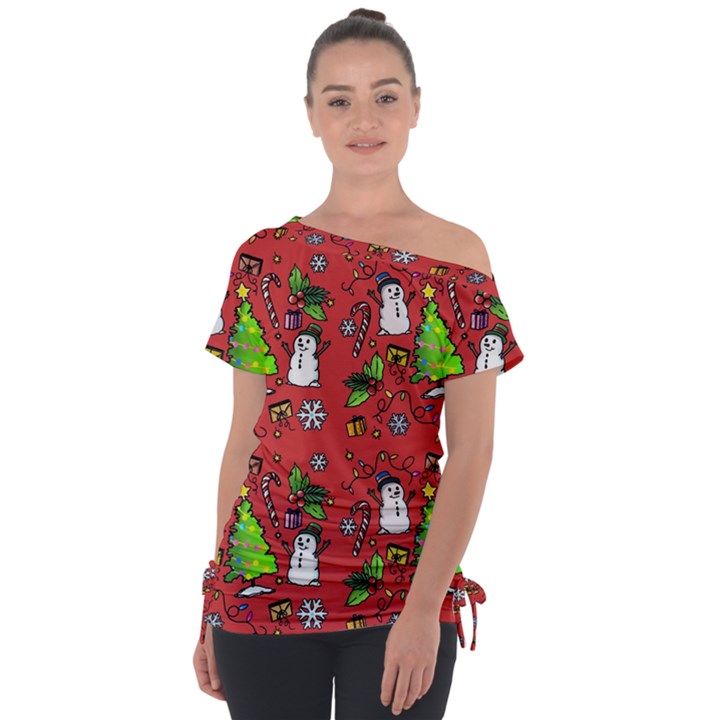 Santa Snowman Gift Holiday Off Shoulder Tie-Up T-Shirt