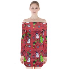 Santa Snowman Gift Holiday Long Sleeve Off Shoulder Dress by Pakjumat