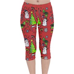 Santa Snowman Gift Holiday Velvet Capri Leggings  by Pakjumat