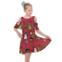 Santa Snowman Gift Holiday Kids  Shoulder Cutout Chiffon Dress by Pakjumat