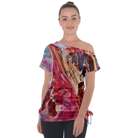 Marbling Blend  Off Shoulder Tie-up T-shirt by kaleidomarblingart