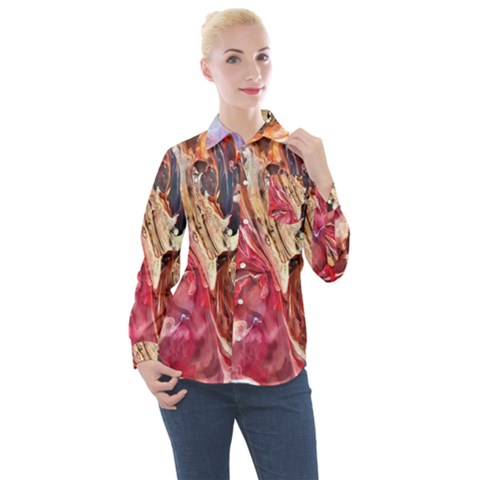 Marbling Blend  Women s Long Sleeve Pocket Shirt by kaleidomarblingart