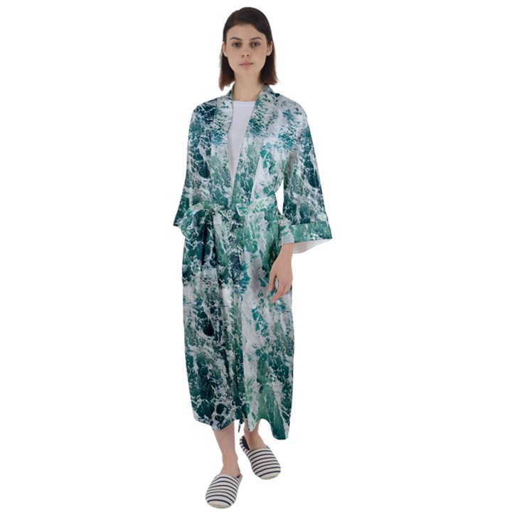 Blue Ocean Waves Maxi Satin Kimono