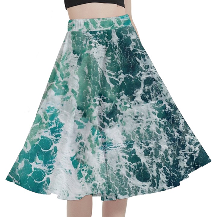 Blue Ocean Waves A-Line Full Circle Midi Skirt With Pocket