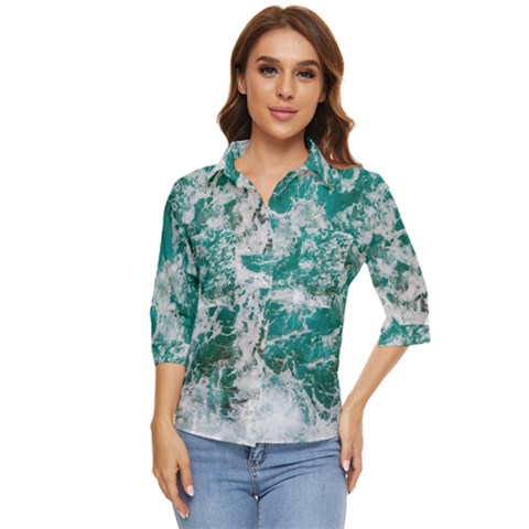 Blue Ocean Waves 2 Women s Quarter Sleeve Pocket Shirt by Jack14