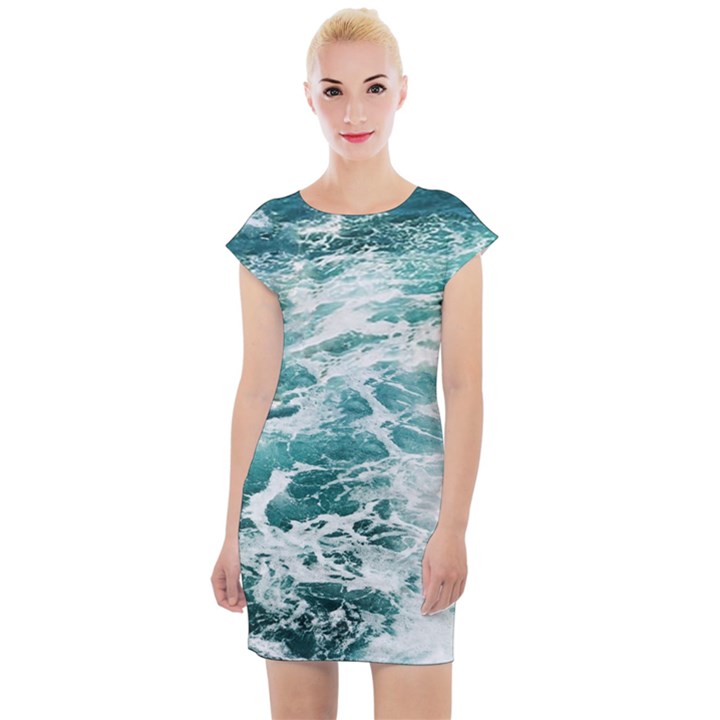 Blue Crashing Ocean Wave Cap Sleeve Bodycon Dress