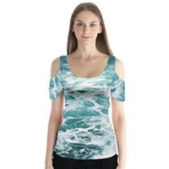 Blue Crashing Ocean Wave Butterfly Sleeve Cutout T-shirt 