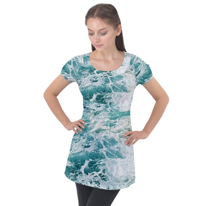 Blue Crashing Ocean Wave Puff Sleeve Tunic Top