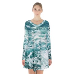 Blue Crashing Ocean Wave Long Sleeve Velvet V-neck Dress by Jack14