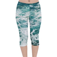 Blue Crashing Ocean Wave Velvet Capri Leggings  by Jack14