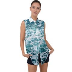 Blue Crashing Ocean Wave Sleeveless Chiffon Button Shirt