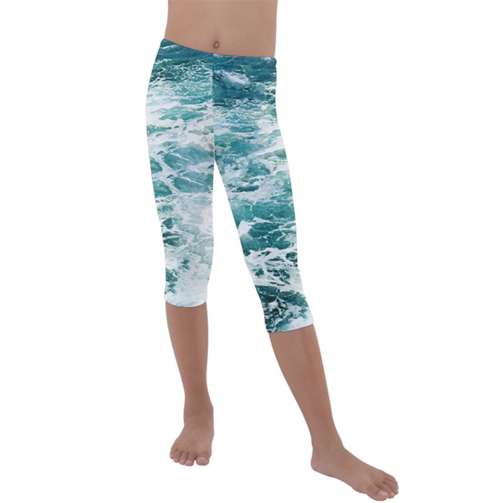 Blue Crashing Ocean Wave Kids  Lightweight Velour Capri Leggings 