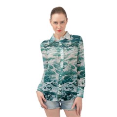 Blue Crashing Ocean Wave Long Sleeve Chiffon Shirt