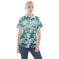 Blue Crashing Ocean Wave Women s Short Sleeve Pocket Shirt