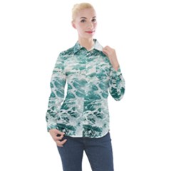 Blue Crashing Ocean Wave Women s Long Sleeve Pocket Shirt