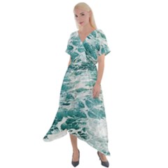 Blue Crashing Ocean Wave Cross Front Sharkbite Hem Maxi Dress by Jack14