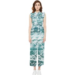 Blue Crashing Ocean Wave Women s Frill Top Chiffon Jumpsuit by Jack14