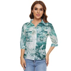 Blue Crashing Ocean Wave Women s Quarter Sleeve Pocket Shirt