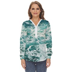 Blue Crashing Ocean Wave Zip Up Long Sleeve Blouse