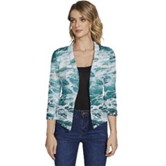 Blue Crashing Ocean Wave Women s Casual 3/4 Sleeve Spring Jacket by Jack14