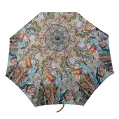 Green On Ochre Blend Folding Umbrellas by kaleidomarblingart