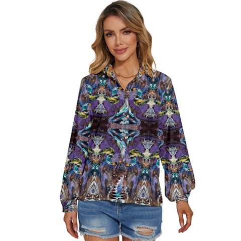  Violet Symmetry Women s Long Sleeve Button Up Shirt by kaleidomarblingart