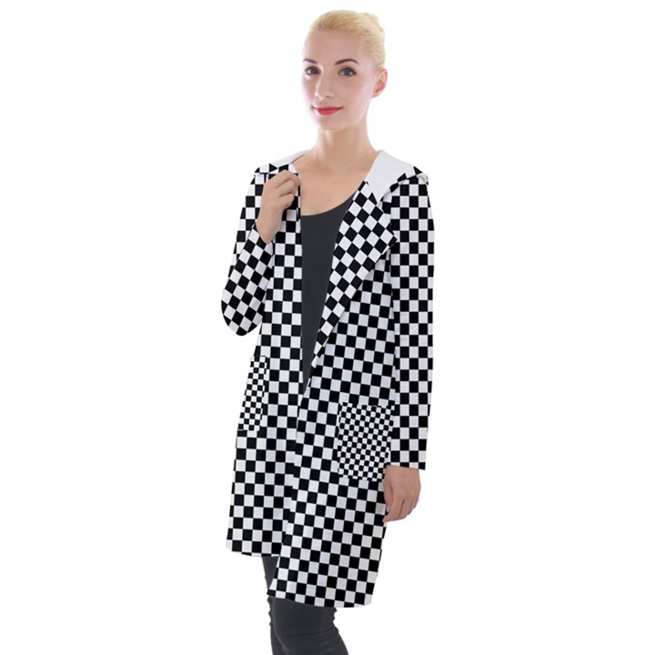 Black And White Checkerboard Background Board Checker Hooded Pocket Cardigan