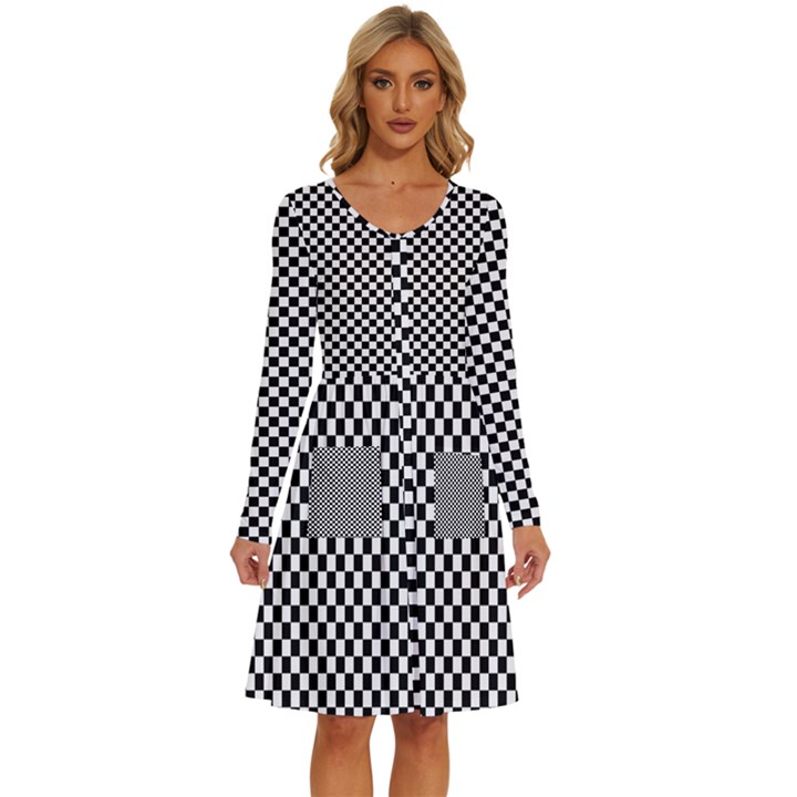 Black And White Checkerboard Background Board Checker Long Sleeve Dress With Pocket