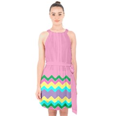 Easter Chevron Pattern Stripes Halter Collar Waist Tie Chiffon Dress by Amaryn4rt