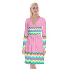 Easter Chevron Pattern Stripes Long Sleeve Velvet Front Wrap Dress by Amaryn4rt