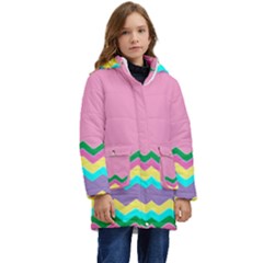 Easter Chevron Pattern Stripes Kids  Hooded Longline Puffer Jacket by Amaryn4rt