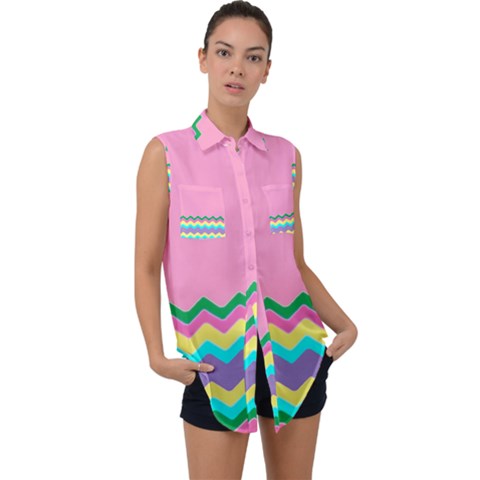 Easter Chevron Pattern Stripes Sleeveless Chiffon Button Shirt by Amaryn4rt