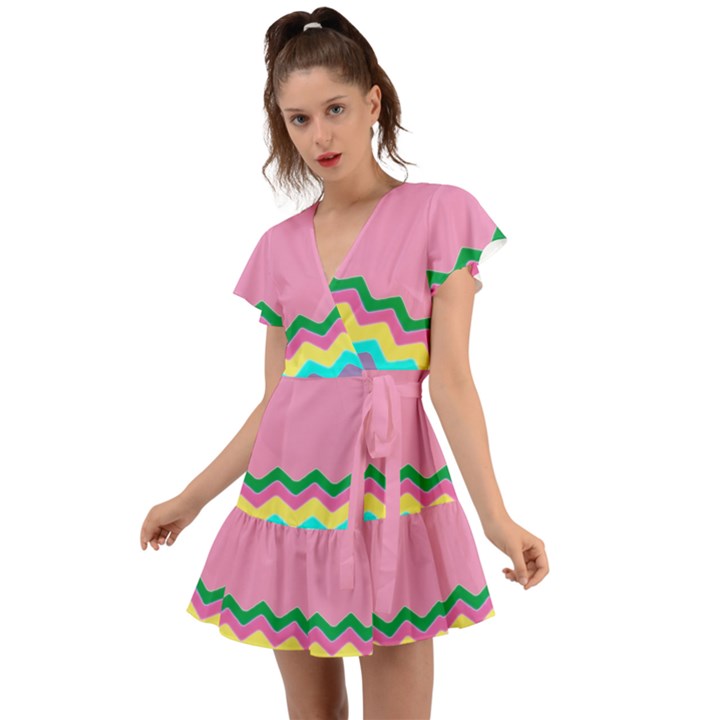 Easter Chevron Pattern Stripes Flutter Sleeve Wrap Dress