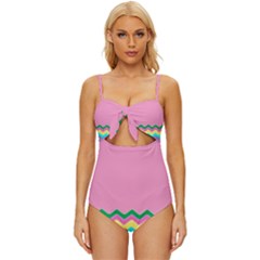 Easter Chevron Pattern Stripes Knot Front One-piece Swimsuit by Amaryn4rt