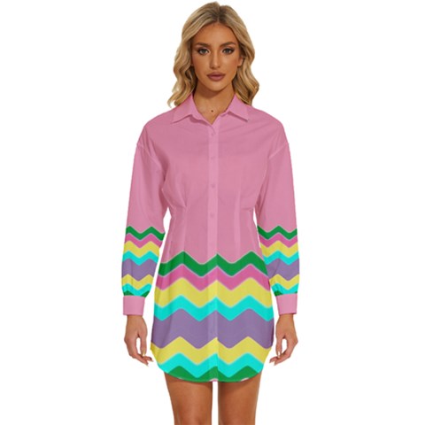 Easter Chevron Pattern Stripes Womens Long Sleeve Shirt Dress by Amaryn4rt