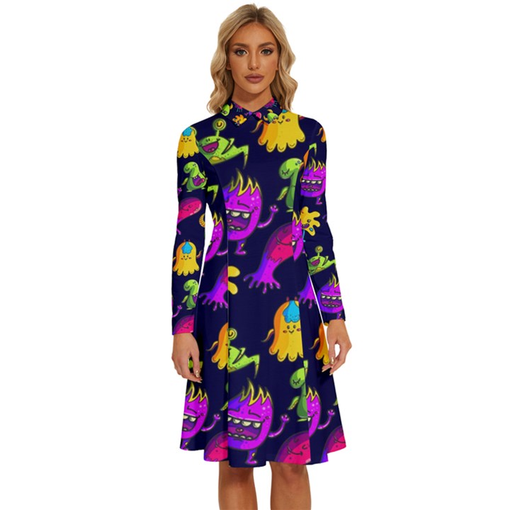 Space Patterns Long Sleeve Shirt Collar A-Line Dress