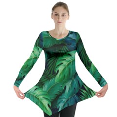 Tropical Green Leaves Background Long Sleeve Tunic  by Amaryn4rt