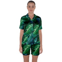 Tropical Green Leaves Background Satin Short Sleeve Pajamas Set by Amaryn4rt