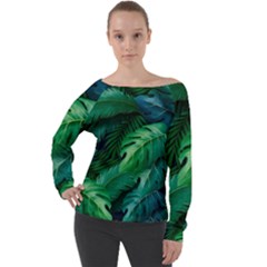 Tropical Green Leaves Background Off Shoulder Long Sleeve Velour Top by Amaryn4rt