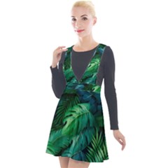 Tropical Green Leaves Background Plunge Pinafore Velour Dress by Amaryn4rt