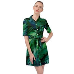 Tropical Green Leaves Background Belted Shirt Dress by Amaryn4rt