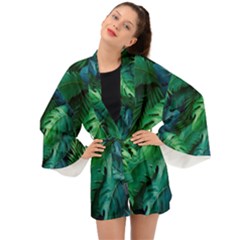 Tropical Green Leaves Background Long Sleeve Kimono by Amaryn4rt