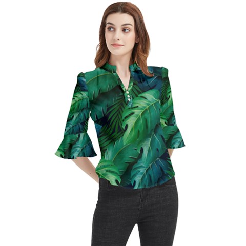 Tropical Green Leaves Background Loose Horn Sleeve Chiffon Blouse by Amaryn4rt