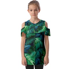 Tropical Green Leaves Background Fold Over Open Sleeve Top by Amaryn4rt