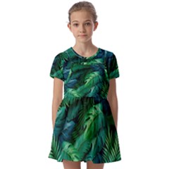 Tropical Green Leaves Background Kids  Short Sleeve Pinafore Style Dress