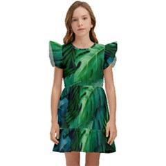 Tropical Green Leaves Background Kids  Winged Sleeve Dress