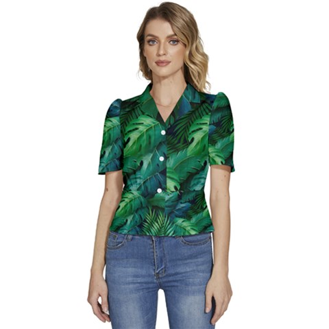 Tropical Green Leaves Background Puffed Short Sleeve Button Up Jacket by Amaryn4rt